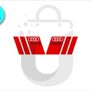 May include: Two red and white Audi car decals. Each decal features the Audi logo and the word "Audi" in white. The decals have a V-shape with three white stripes. A blue circle with the text "2 PIECES" is in the upper left corner.