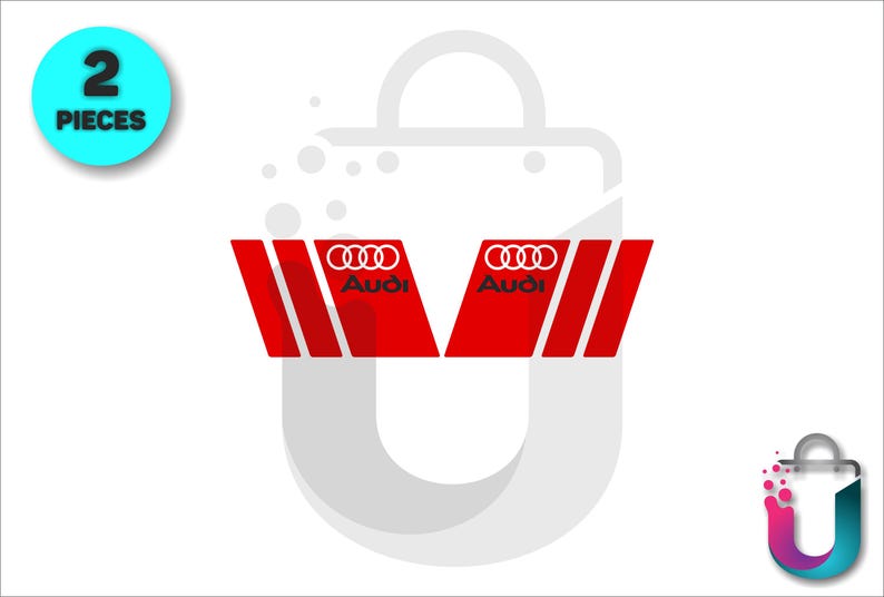 May include: Two red and white Audi car decals. Each decal features the Audi logo and the word "Audi" in white. The decals have a V-shape with three white stripes. A blue circle with the text "2 PIECES" is in the upper left corner.