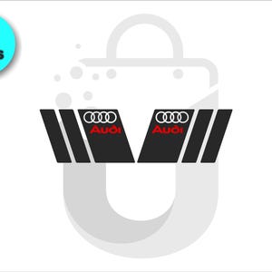 May include: Two black decals with the Audi logo in red and white. The decals have a V-shape design with three vertical stripes. A teal circle with the text "2 PIECES" is in the upper left corner.