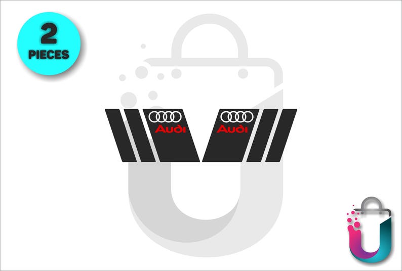 May include: Two black decals with the Audi logo in red and white. The decals have a V-shape design with three vertical stripes. A teal circle with the text "2 PIECES" is in the upper left corner.