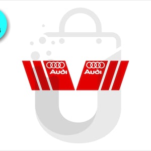 May include: Two red and white Audi logo decals. Each decal has the Audi logo and three red stripes. A blue circle with the number "2" and the word "PIECES" is in the upper left corner.