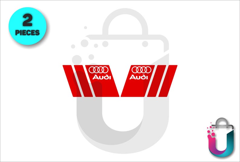 May include: Two red and white Audi logo decals. Each decal has the Audi logo and three red stripes. A blue circle with the number "2" and the word "PIECES" is in the upper left corner.