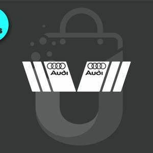 May include: White Audi logo design with the text "Audi" and the four-ring emblem. The design is on a dark gray background with a teal circle that says "2 PIECES".