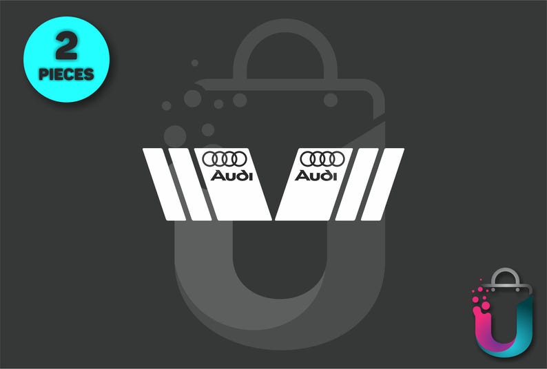 May include: White Audi logo design with the text "Audi" and the four-ring emblem. The design is on a dark gray background with a teal circle that says "2 PIECES".