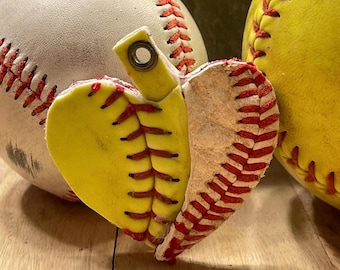 Baseball and Softball Heart - Upcycled Leather -Handcrafted Game worn – Repurposed Sports Jewelry-Keychain Bag