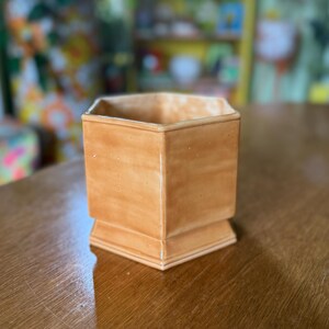May include: A light brown, hexagonal ceramic planter with a stepped base. The planter has a glossy finish and is empty. The background is blurred, but appears to be a room with a wooden table.