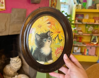 Vintage 1970's Cat Lithograph on Convex Wood Plaque