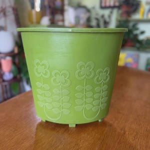 Può includere: Un vaso di fiori in plastica verde con un motivo floreale. Il vaso è di colore verde chiaro e ha una superficie leggermente strutturata. Il motivo floreale è in rilievo e presenta tre fiori e foglie.