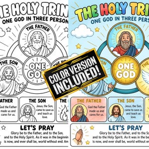 Op de afbeelding: Een religieus educatief werkblad over de Heilige Drie-eenheid, één God in drie personen. Het ontwerp bevat cirkelvormige illustraties van de Vader, de Zoon en de Heilige Geest, met beschrijvende tekst, een gebedsgedeelte en een gouden banner met de tekst COLOR VERSION INCLUDED.