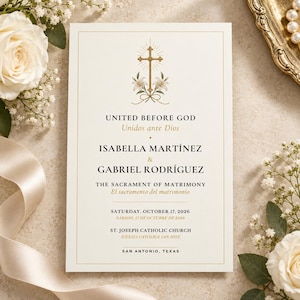 May include: A rectangular wedding invitation card on cream paper with a gold cross and lily illustration at the top. The text reads United Before God, Unidos ante Dios, Isabella Martínez and Gabriel Rodríguez, The Sacrament of Matrimony, October 17, 2026, St. Joseph Catholic Church, San Antonio, Texas.