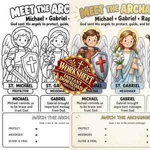 May include: A printable educational worksheet titled Meet the Archangels featuring illustrations of St. Michael and St. Gabriel. The sheet includes descriptive text, a matching activity, and a gold seal overlay with the text Worksheet Instant Download.