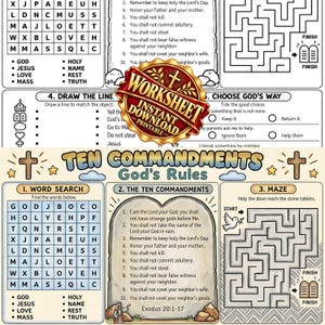May include: A printable religious activity worksheet titled Ten Commandments God's Rules, featuring a word search, a list of the Ten Commandments on a stone tablet illustration, and a maze. The page includes illustrations of crosses, stars, a dove, and a figure.