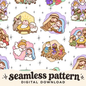 Nahtloses Weihnachtsmotiv mit Jesusmotiv (weiße Weihnacht), digitales Papier mit Krippenmotiv, Kinderstoff, sich wiederholendes Muster, festliches Sublimationsdesign (JPG/PNG)