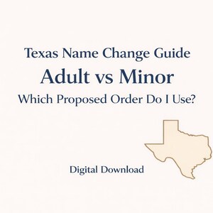 May include: A digital download titled "Texas Name Change Guide." The text includes "Adult vs Minor" and "Which Proposed Order Do I Use?" A beige outline of the state of Texas is also present.