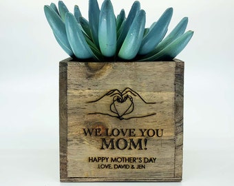 Personalized Rustic Wood Planter 4" Cube Succulent Cactus Box, Happy Birthday, Mother's Day Gift - Message & First Name Custom Text Engraved