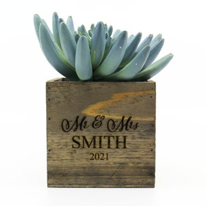 Personalized Rustic Wood Planter 4" Cube Succulent Cactus Box, Perfect Couple's, Family Gift - Last Name Custom Text & Year Engraved