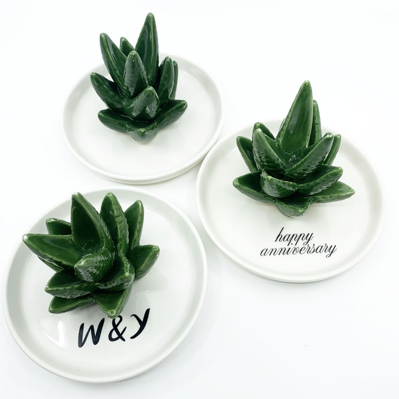Personalized Ring Holder Dish Aloe Vera or Cactus for Jewelry, Ceramic Organizer Display Home Decor Gifts for Mom Wife Couple Corporate Gift image 4