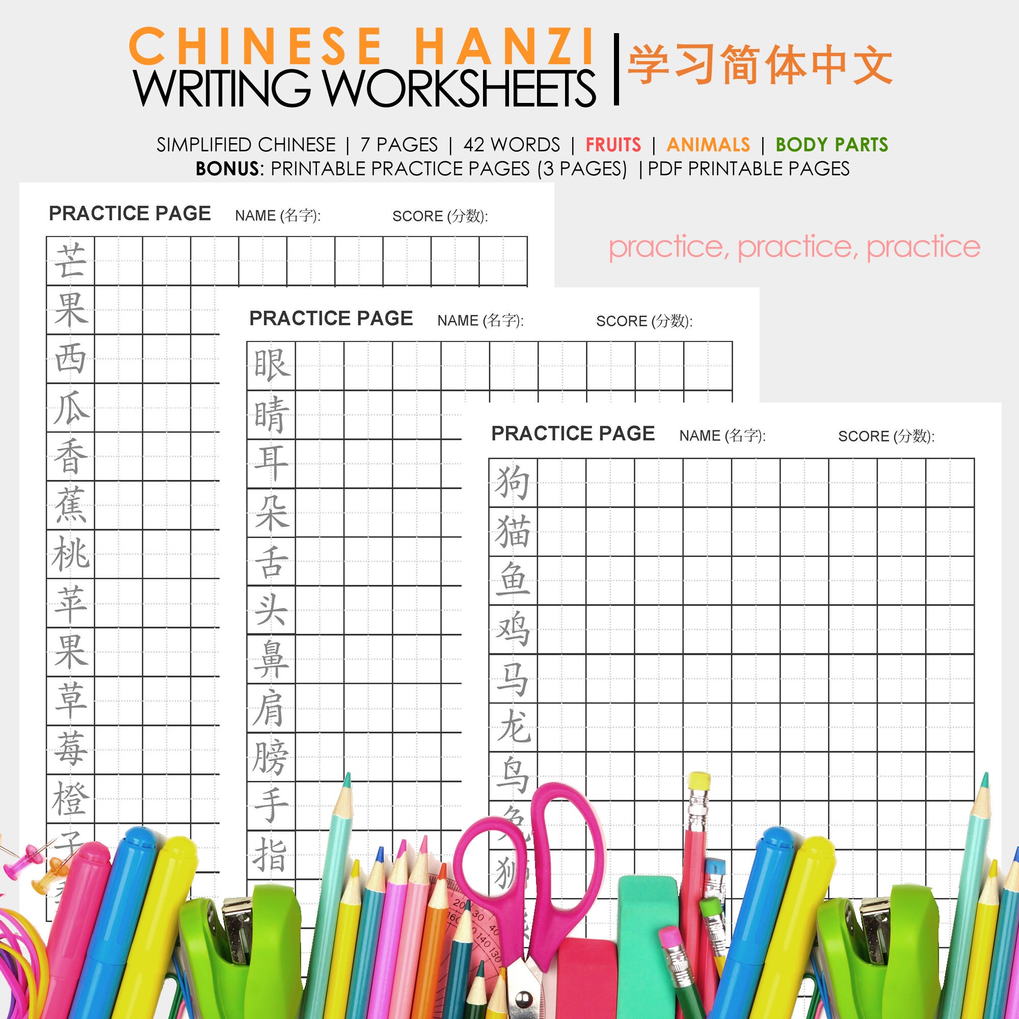 Chinese Hanzi Practice Worksheet With Complete Pinyin Step by Step ...