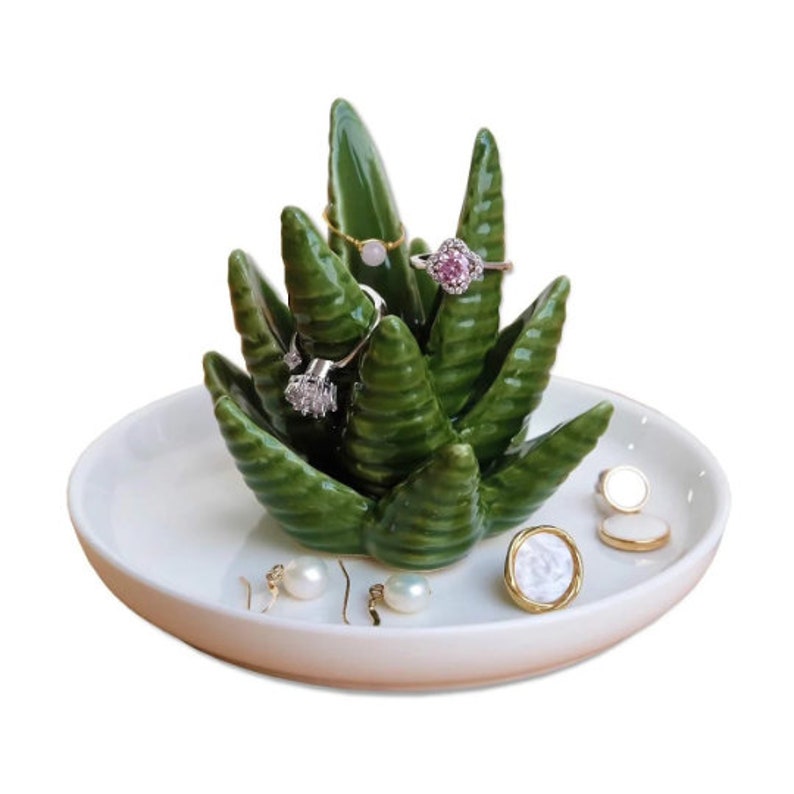 Personalized Ring Holder Dish Aloe Vera or Cactus for Jewelry, Ceramic Organizer Display Home Decor Gifts for Mom Wife Couple Corporate Gift Aloe Vera