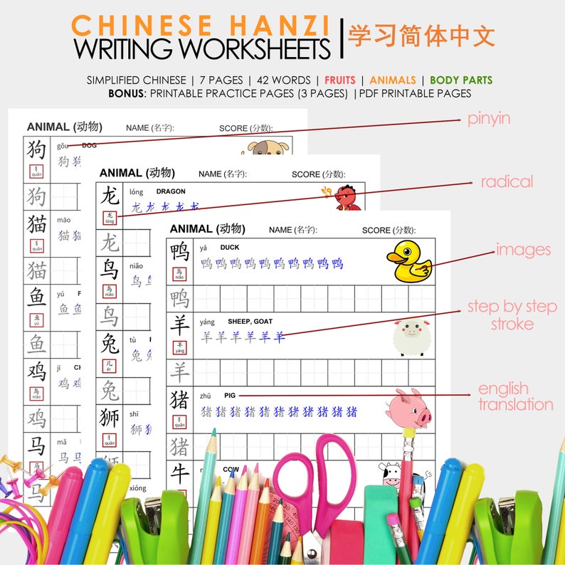 Chinese Hanzi Practice Worksheet With Complete Pinyin Step by Step ...