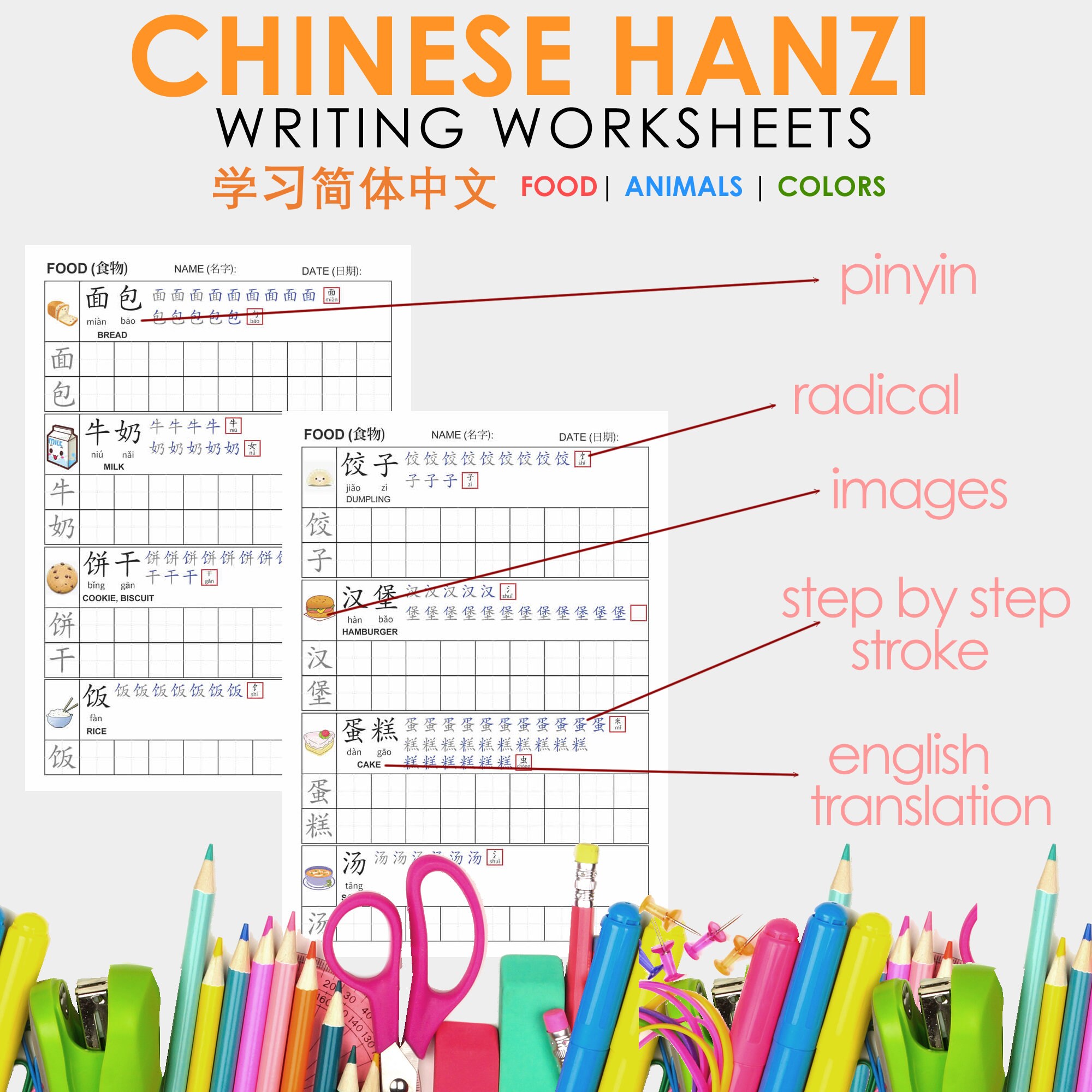 Chinese Hanzi Practice Worksheet With Complete Pinyin Step by - Etsy