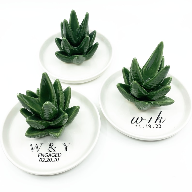 Personalized Ring Holder Dish Aloe Vera or Cactus for Jewelry, Ceramic Organizer Display Home Decor Gifts for Mom Wife Couple Corporate Gift image 2