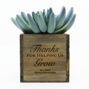 May include: A wooden planter with a succulent plant inside. The planter has the text "Thanks for helping us grow" and "ms. moss Walnut Elementary" engraved on it.