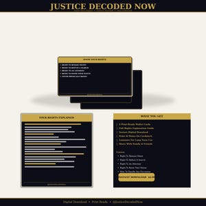 以下が含まれることがあります： JUSTICE DECODED NOWと題された黒と金の情報カードを含むデジタルダウンロードセット。カードには、黙秘権、捜索拒否権、弁護士を依頼する権利など、法的な権利が明確なレイアウトで記載されています。