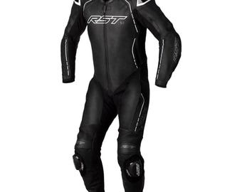RST S-1 Black Leather Motorcycle Racing Suit – Full Body Protective Gear for Men
