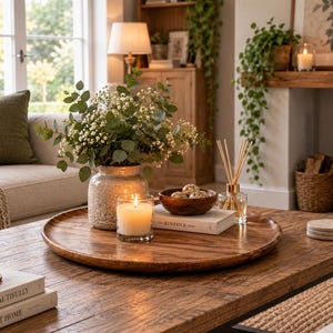 May include: A large round wooden tray sits on a rustic wooden coffee table, holding a textured ceramic vase with greenery, a lit glass candle, a small wooden bowl with decorative spheres, and a reed diffuser resting on a white book.