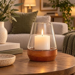 May include: A clear glass candle holder with a tapered shape sits on a circular wooden base. A white pillar candle is placed inside the glass, featuring a lit flame that emits a warm glow. The base is made of polished brown wood with a smooth finish.