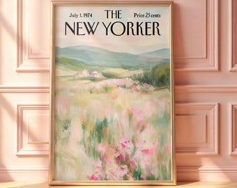 Vintage New Yorker Wildflower Meadow Poster, Pastel Landscape Wall Art, Cottagecore Floral Print, Soft Countryside Decor, Spring Field
