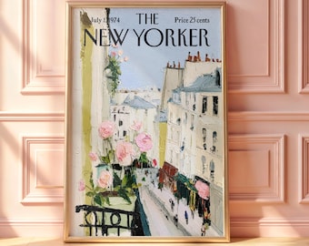 Vintage New Yorker Poster, Retro Paris Balcony Pink Roses Street View Print, French Rooftop Oil Painting Wall Art, Mid-Century Magazine