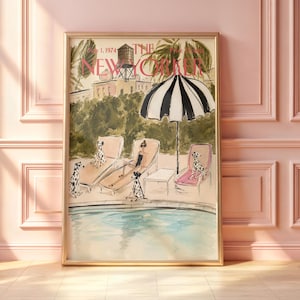 May include: A framed magazine cover print titled The New Yorker dated July 1, 1974. The illustration features a swimming pool scene with a person lounging on a chair under a black and white striped umbrella, surrounded by four spotted dalmatian dogs.