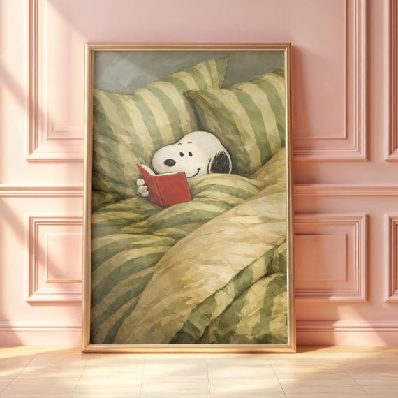 Snoopy Reading in Bed Poster, Cozy Snoopy Wall Art, Reading Book Illustration, Calm Aesthetic Home Decor, Cozy Bedroom Art Print