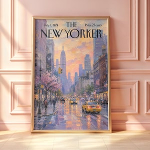 Vintage New Yorker Poster, Retro Empire State Rainy Street Print, New York Yellow Taxi Wall Art, Mid-Century Magazine Cover