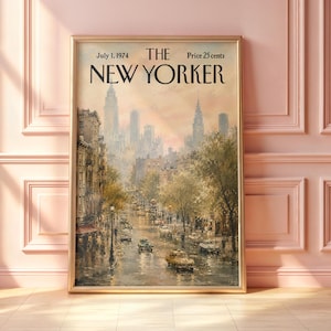 May include: A framed print of The New Yorker magazine cover dated July 1, 1974, featuring an oil painting of a rainy New York City street scene with vintage cars, pedestrians, and skyscrapers under a soft, hazy, golden-toned sky.