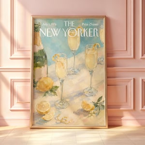 May include: A framed print of a July 1, 1974 The New Yorker magazine cover featuring an oil painting of a champagne bottle, three tall glasses filled with a pale yellow beverage, and several sliced lemons on a light-coloured surface.