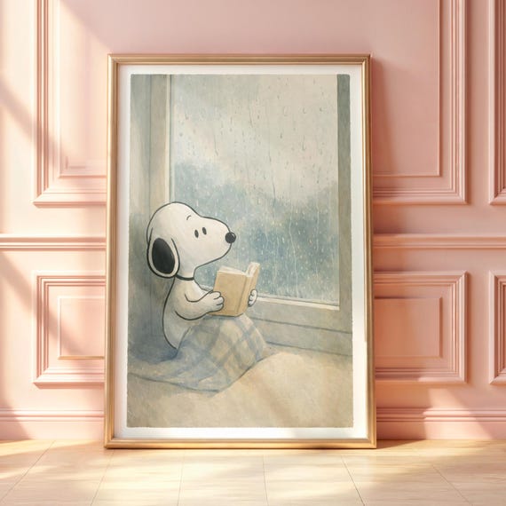 Snoopy Reading in the Rain Poster, Cozy Rainy Day Wall Art, Snoopy Book Illustration, Calm Aesthetic Print, Bedroom & Nursery Decor