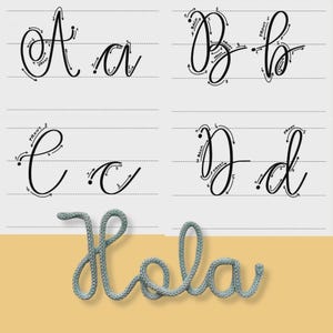 May include: A calligraphy guide showing the letters A, B, C, and D in uppercase and lowercase, with directional arrows. Below, the word "Hola" is spelled out in a light blue rope, set against a yellow background.