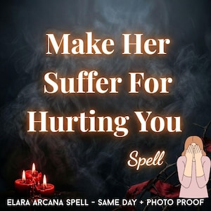 Può includere: Un grafico digitale con il testo Make Her Suffer For Hurting You Spell in lettere bianche luminose su uno sfondo scuro e fumoso. Tre candele rosse bruciano in basso a sinistra e una figura stilizzata si copre il volto in basso a destra.