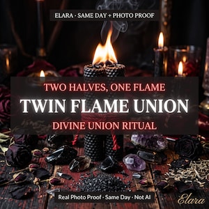 May include: Two black honeycomb-textured candles tied with red string, burning with a single flame. Text reads: ELARA · SAME DAY + PHOTO PROOF, TWO HALVES, ONE FLAME, TWIN FLAME UNION, DIVINE UNION RITUAL, Real Photo Proof · Same Day · Not AI. Surrounded by crystals.