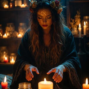 May include: A woman with long, wavy hair and a floral crown is surrounded by lit candles. She wears a dark robe and is focused on the candles in front of her. The scene is dimly lit, creating a mystical atmosphere.