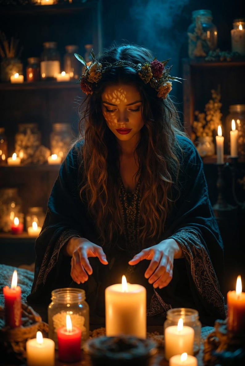 May include: A woman with long, wavy hair and a floral crown is surrounded by lit candles. She wears a dark robe and is focused on the candles in front of her. The scene is dimly lit, creating a mystical atmosphere.