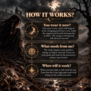 The image is a graphic design featuring a woman in a dark outfit, surrounded by a mystical, fantasy-like atmosphere. The design includes three sections with text and symbols, asking questions about how the "How It Works" works and providing answers related to wearing the item, what it requires, and when it will work.