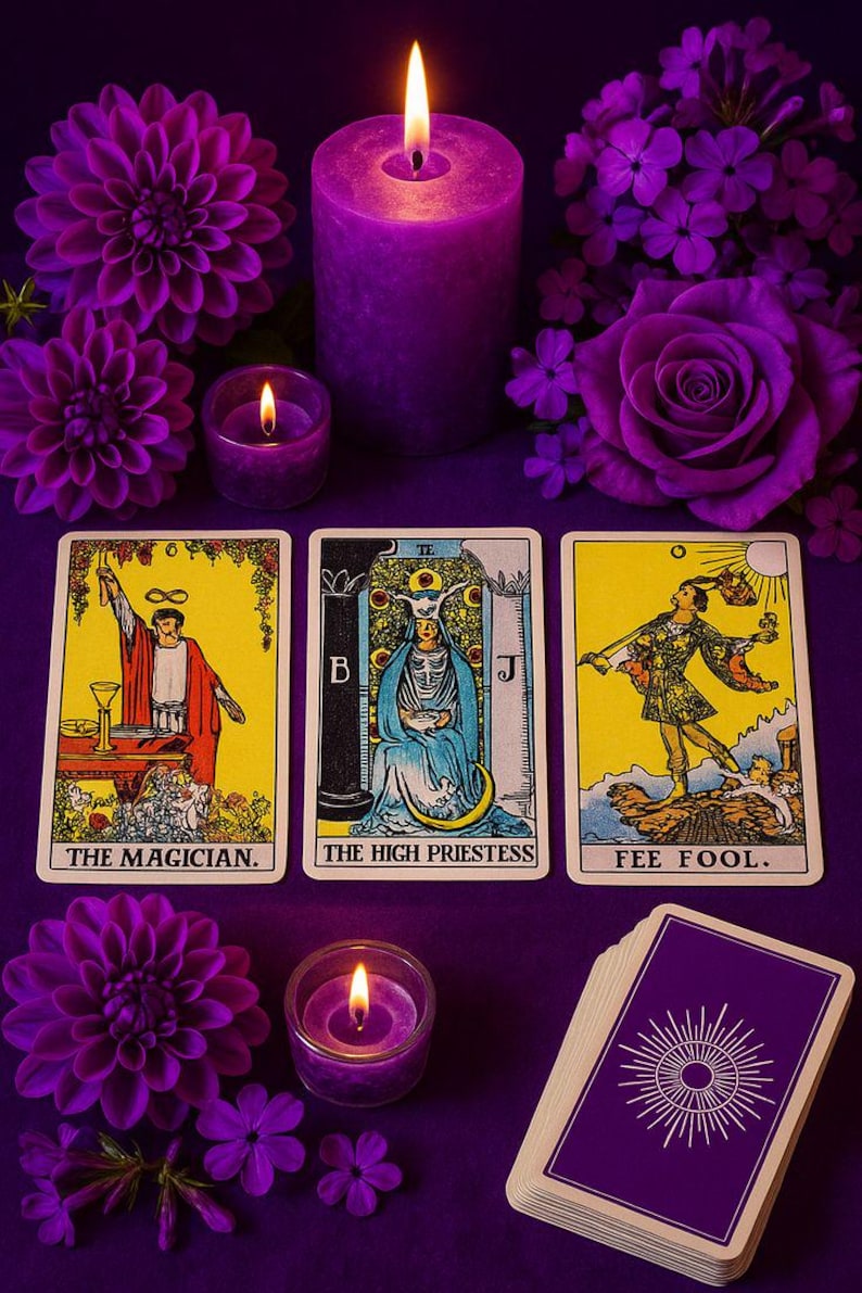 a tarot card spread with three cards, a lit candle, and purple flowers arranged on a purple background.