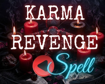 May include: A dark scene featuring a central doll figure surrounded by several lit red candles, scattered tarot cards, and black feathers. Text overlays read INSTANT RETURN OF NEGATIVITY, KARMA REVENGE, and Spell, with a play button icon.