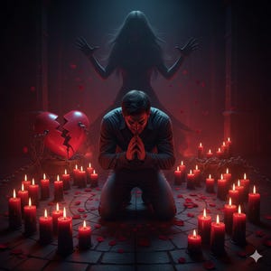 May include: A kneeling figure with clasped hands surrounded by lit red candles. A broken heart chained to a pot is to the left. A shadowy figure looms in the background. The scene is set in a dimly lit room with scattered rose petals.