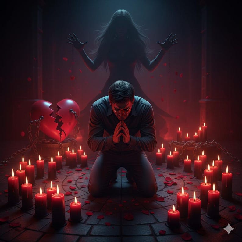 May include: A kneeling figure with clasped hands surrounded by lit red candles. A broken heart chained to a pot is to the left. A shadowy figure looms in the background. The scene is set in a dimly lit room with scattered rose petals.