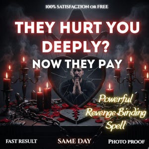 Könnte beinhalten: Eine dunkle Szene mit einem herzförmigen Spiegel, der eine Person mit gefalteten Händen zeigt, umgeben von schwarzen Kerzen, Ketten und roten Blütenblättern. Text: 100% SATISFACTION OR FREE, THEY HURT YOU DEEPLY? NOW THEY PAY, Powerful Revenge Binding Spell, FAST RESULT, SAME DAY, PHOTO PROOF.